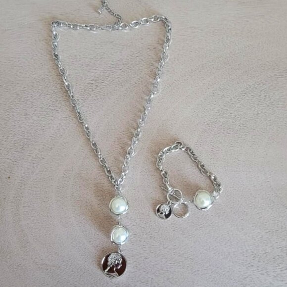 Hand Crafted Jewelry - Silver Tone Faux Pearl Necklace & Bracelet Set
